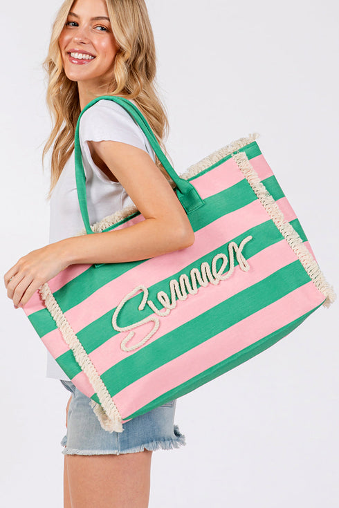 Summer Rope Text Pink and Green Striped Tote Bag
