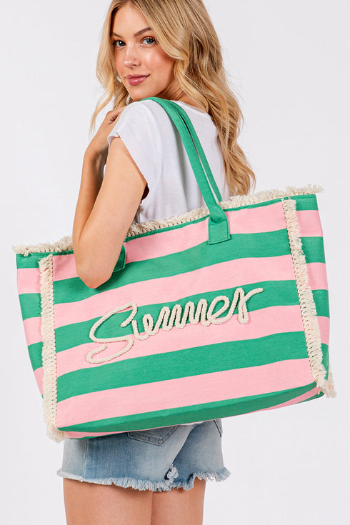 Summer Rope Text Pink and Green Striped Tote Bag