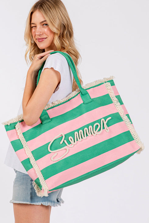 Summer Rope Text Pink and Green Striped Tote Bag