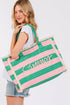 Summer Rope Text Pink and Green Striped Tote Bag
