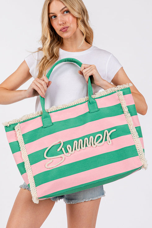 Summer Rope Text Pink and Green Striped Tote Bag