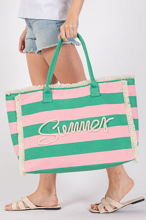 Summer Rope Text Pink and Green Striped Tote Bag