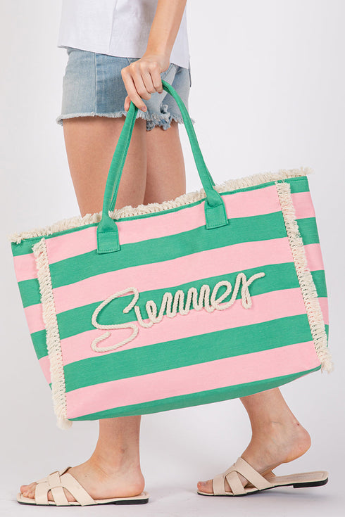 Summer Rope Text Pink and Green Striped Tote Bag