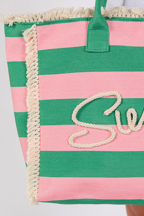 Summer Rope Text Pink and Green Striped Tote Bag