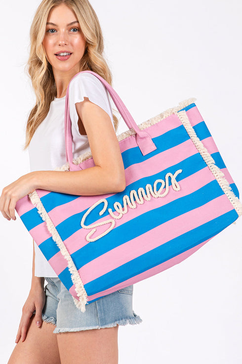 Summer Rope Text Royal Blue and Pink Striped Tote Bag