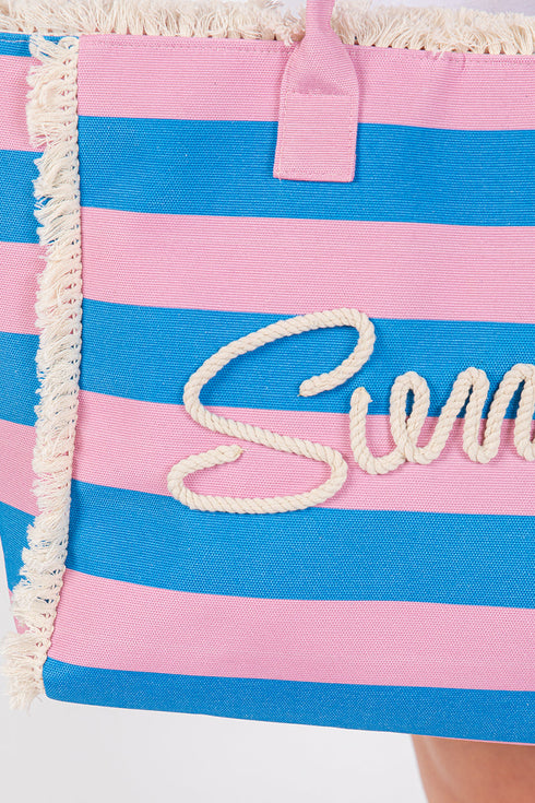 Summer Rope Text Royal Blue and Pink Striped Tote Bag
