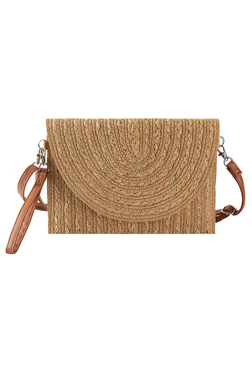 Golden Shore Taupe Straw Envelope Crossbody Clutch