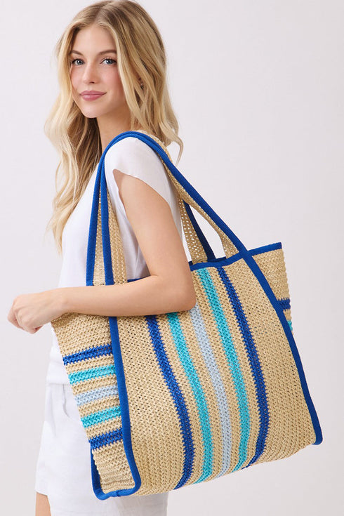 Laguna Stripe Blue Straw Shoulder Tote