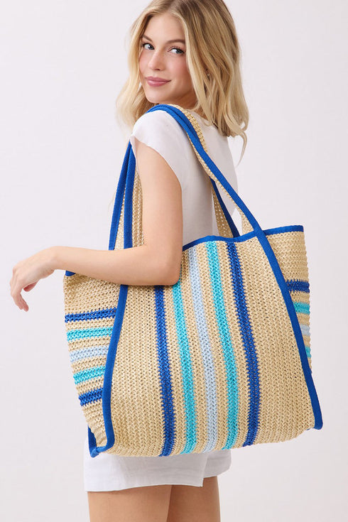 Laguna Stripe Blue Straw Shoulder Tote