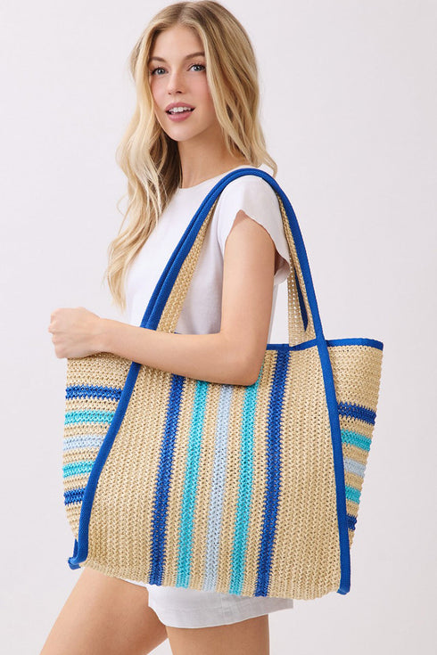 Laguna Stripe Blue Straw Shoulder Tote