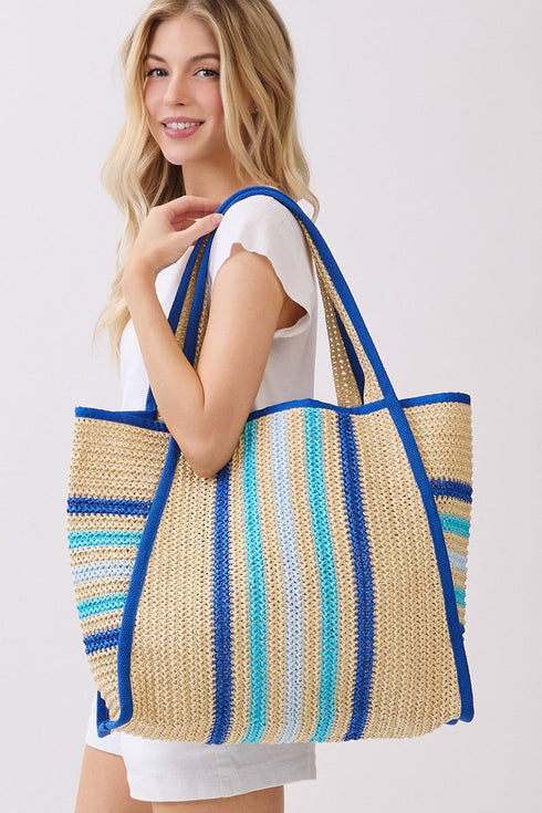 Laguna Stripe Blue Straw Shoulder Tote
