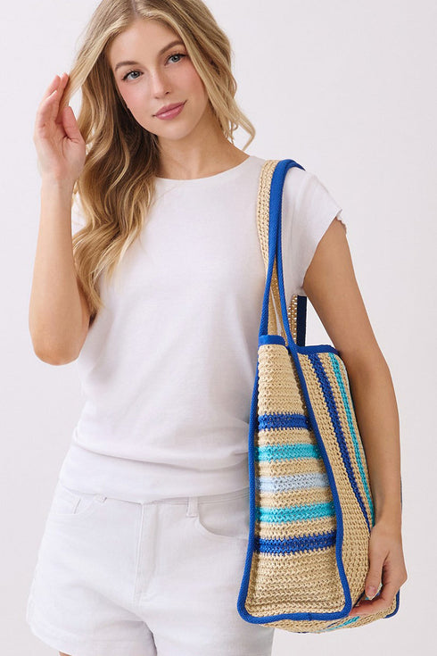 Laguna Stripe Blue Straw Shoulder Tote