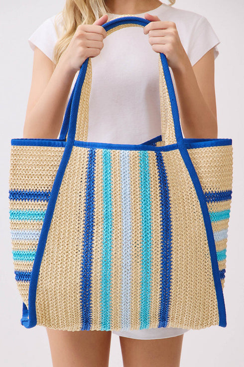 Laguna Stripe Blue Straw Shoulder Tote