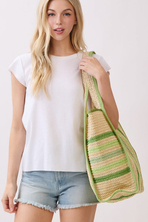 Laguna Stripe Green Straw Shoulder Tote
