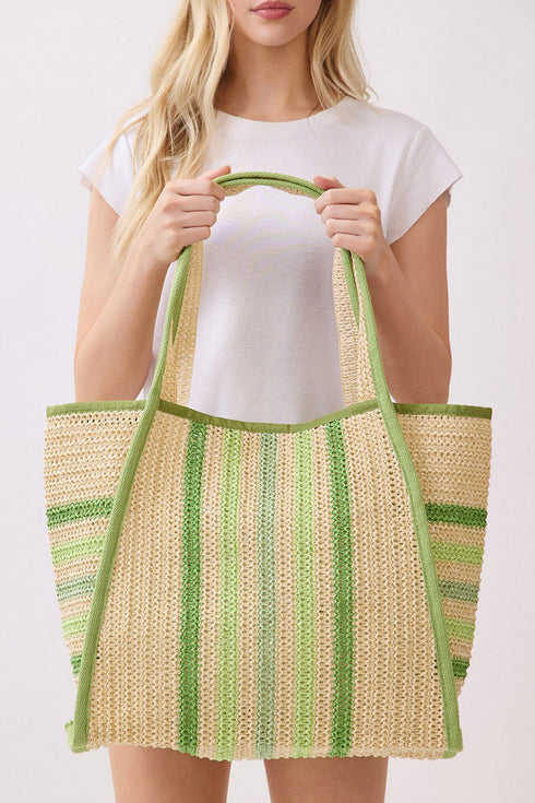 Laguna Stripe Green Straw Shoulder Tote