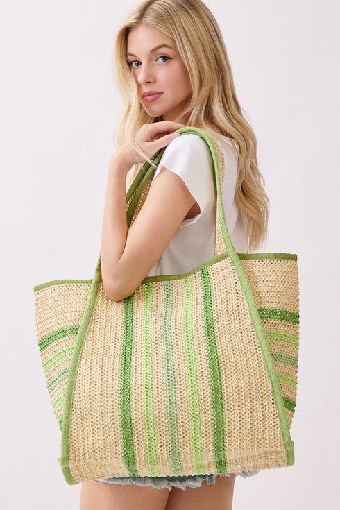 Laguna Stripe Green Straw Shoulder Tote