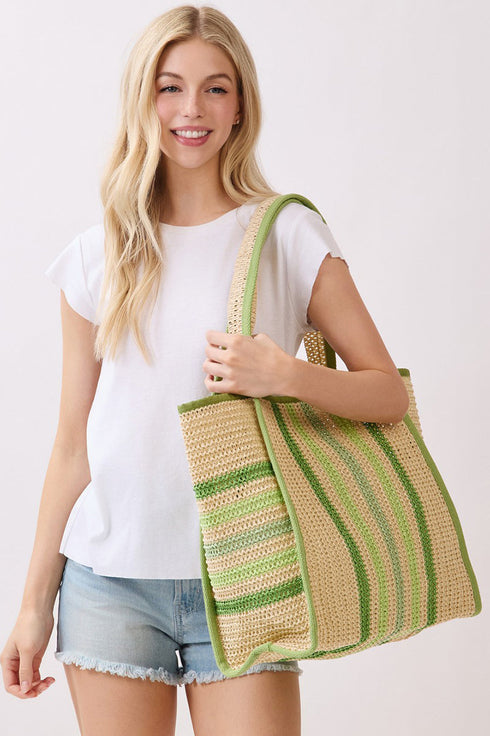 Laguna Stripe Green Straw Shoulder Tote