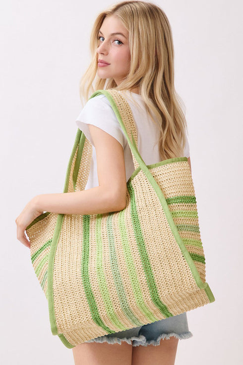 Laguna Stripe Green Straw Shoulder Tote