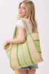 Laguna Stripe Green Straw Shoulder Tote