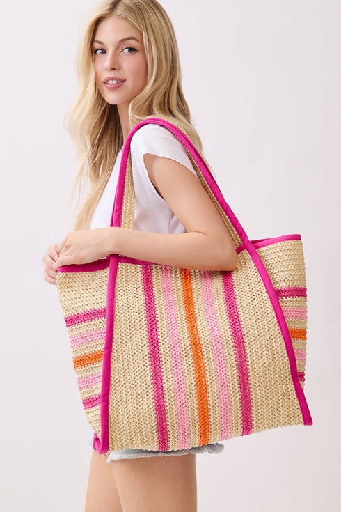 Laguna Stripe Hot Pink Straw Shoulder Tote