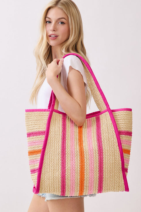 Laguna Stripe Hot Pink Straw Shoulder Tote