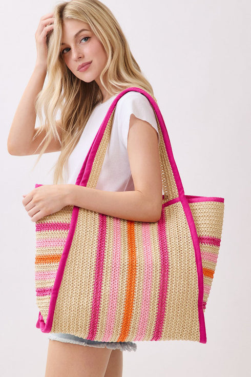 Laguna Stripe Hot Pink Straw Shoulder Tote