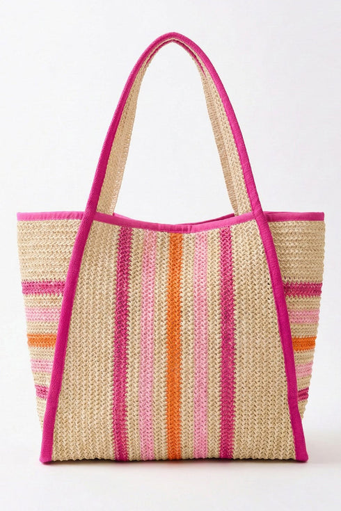 Laguna Stripe Hot Pink Straw Shoulder Tote
