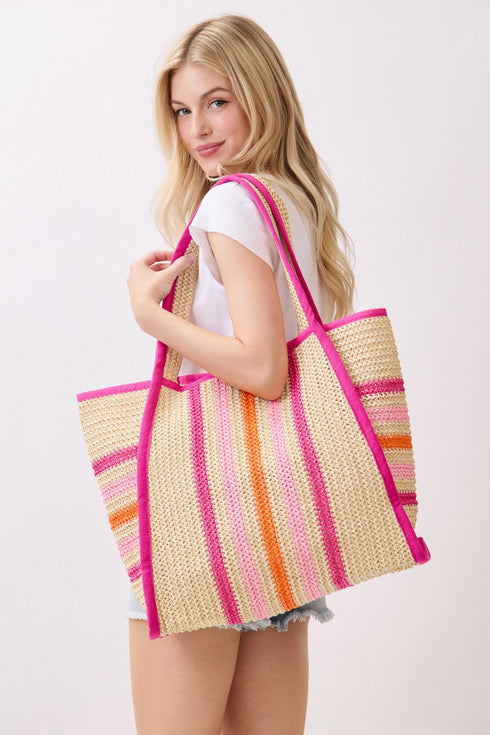 Laguna Stripe Hot Pink Straw Shoulder Tote