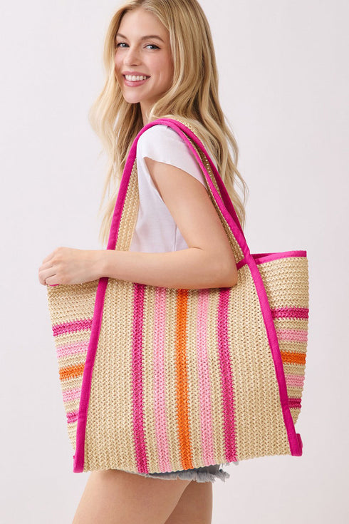 Laguna Stripe Hot Pink Straw Shoulder Tote
