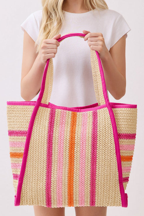 Laguna Stripe Hot Pink Straw Shoulder Tote