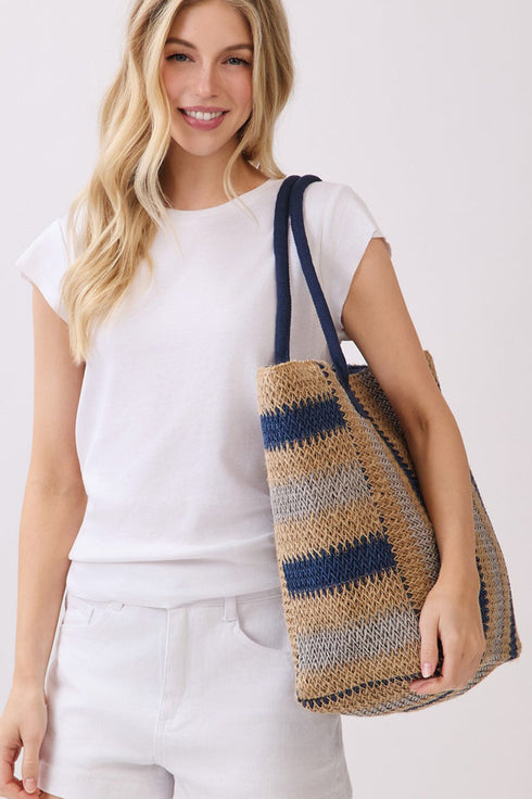 Palm Springs Navy Straw Tote Bag