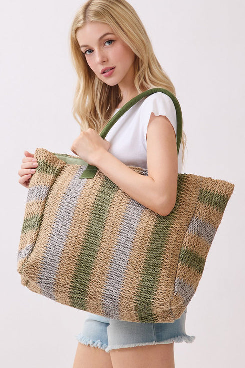 Palm Springs Olive Straw Tote Bag