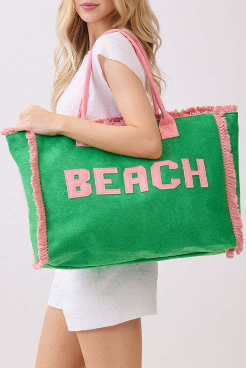 Beach Applique Green Terry Cloth Tote