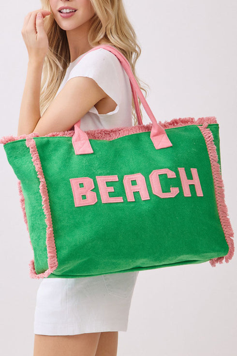 Beach Applique Green Terry Cloth Tote