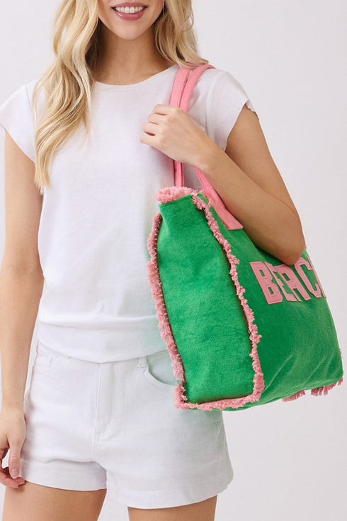 Beach Applique Green Terry Cloth Tote