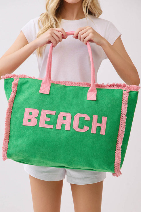 Beach Applique Green Terry Cloth Tote