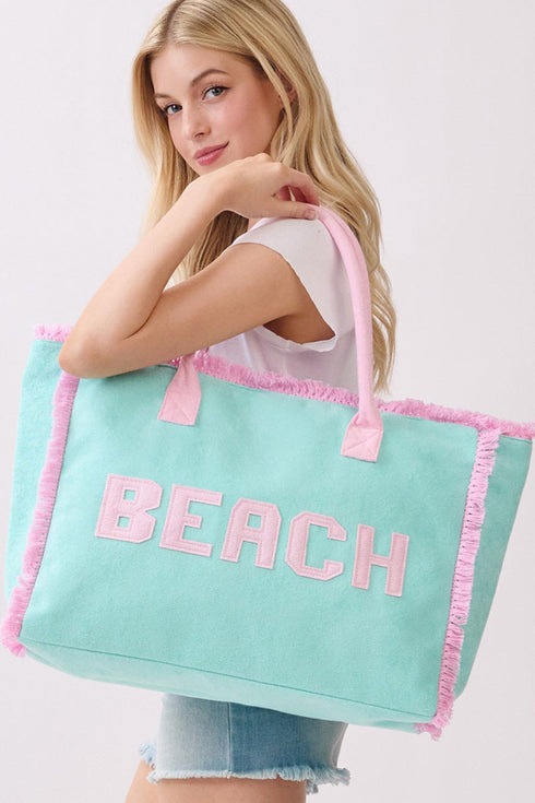 Beach Applique Mint Terry Cloth Tote