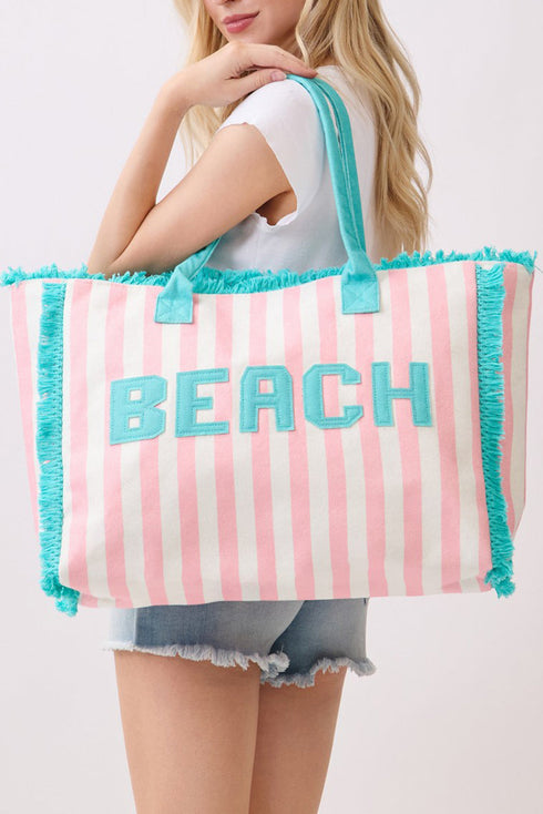 Beach Applique Pink Striped Terry Cloth Tote