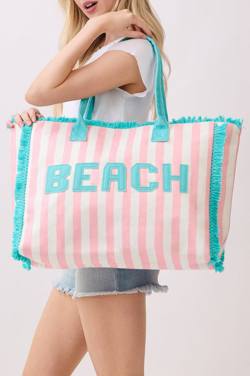 Beach Applique Pink Striped Terry Cloth Tote
