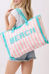 Beach Applique Pink Striped Terry Cloth Tote