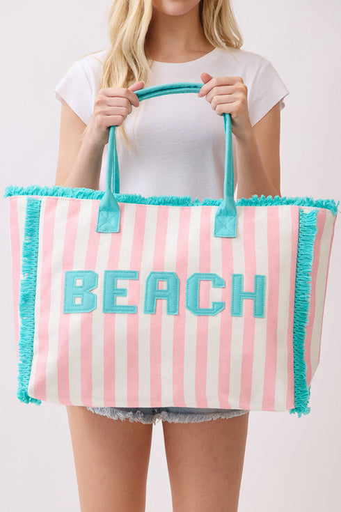 Beach Applique Pink Striped Terry Cloth Tote