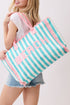 Beach Applique Teal Striped Terry Cloth Tote
