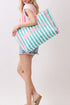 Beach Applique Teal Striped Terry Cloth Tote