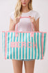 Beach Applique Teal Striped Terry Cloth Tote