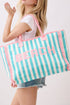 Beach Applique Teal Striped Terry Cloth Tote