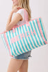 Beach Applique Teal Striped Terry Cloth Tote