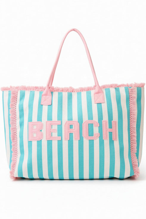 Beach Applique Teal Striped Terry Cloth Tote