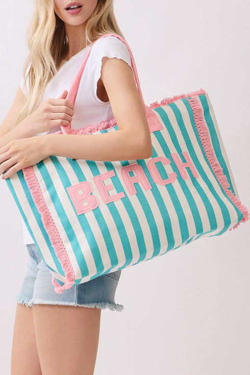 Beach Applique Teal Striped Terry Cloth Tote