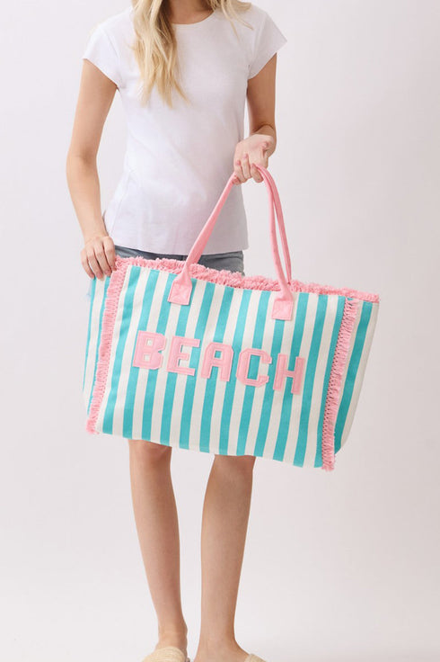 Beach Applique Teal Striped Terry Cloth Tote