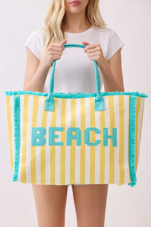 Beach Applique Yellow Striped Terry Cloth Tote